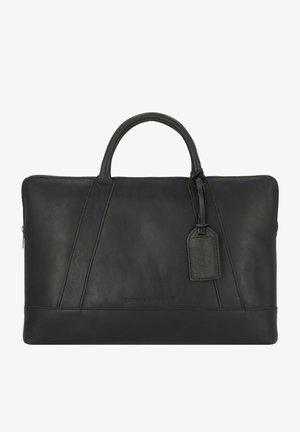 Bolsa de ordenador portátil de piel negra con cierre de cremallera, dos asas en la parte superior, una etiqueta desmontable y detalles de costura en diagonal para añadir textura.