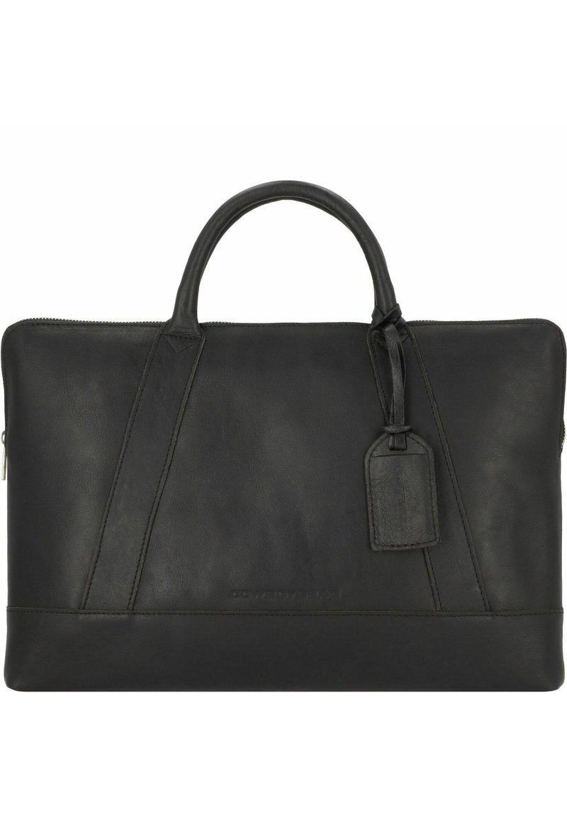 Bolsa de ordenador portátil de piel negra con cierre de cremallera, dos asas en la parte superior, una etiqueta desmontable y detalles de costura en diagonal para añadir textura.