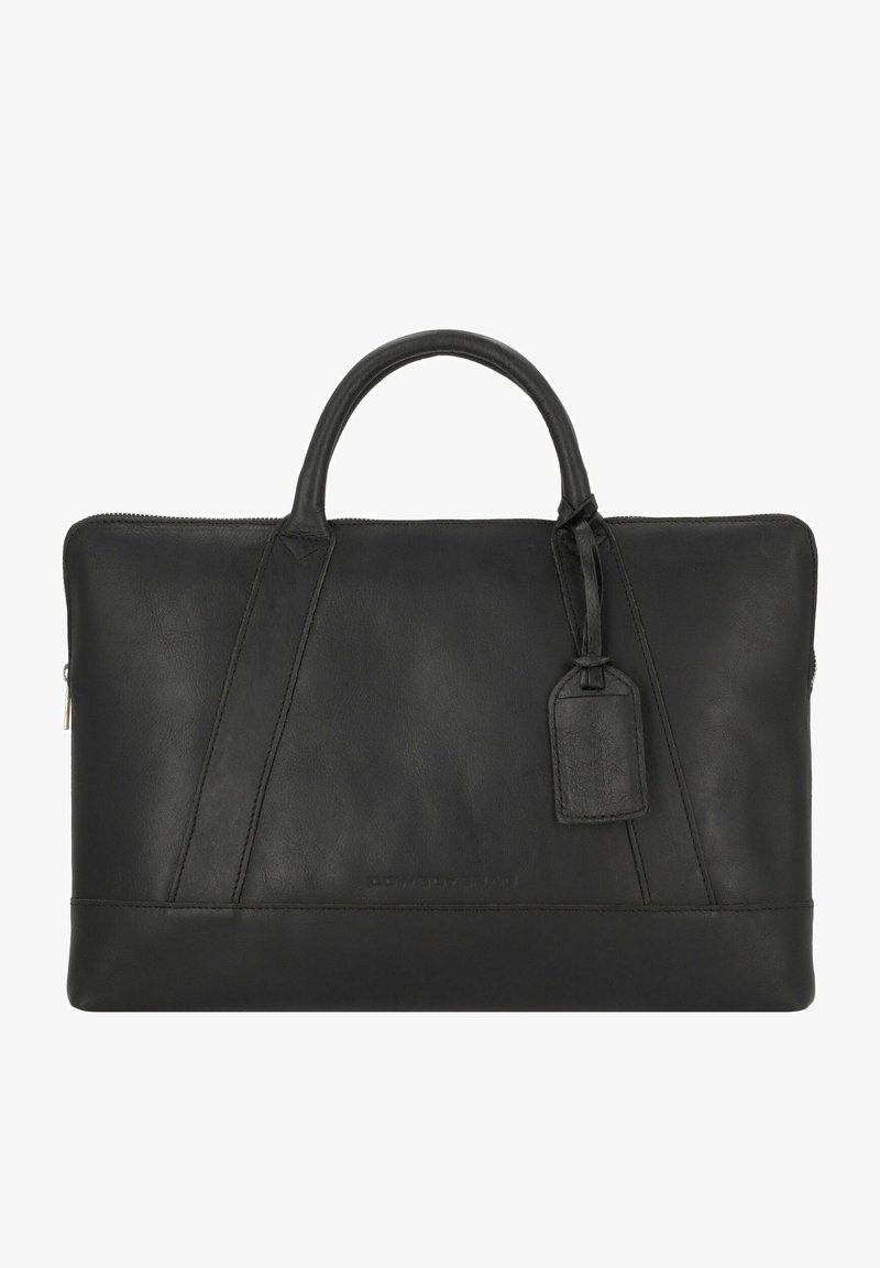 Bolsa de ordenador portátil de piel negra con cierre de cremallera, dos asas en la parte superior, una etiqueta desmontable y detalles de costura en diagonal para añadir textura.