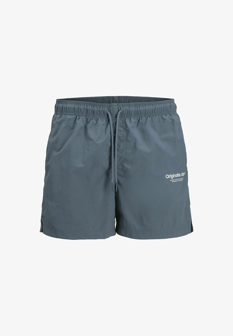 Harmaat uimashortsit, jotka on valmistettu kevyestä kankaasta. Niissä on joustava vyötärö, jossa on nyöri, sivuleikkaukset ja painettu logo edessä.