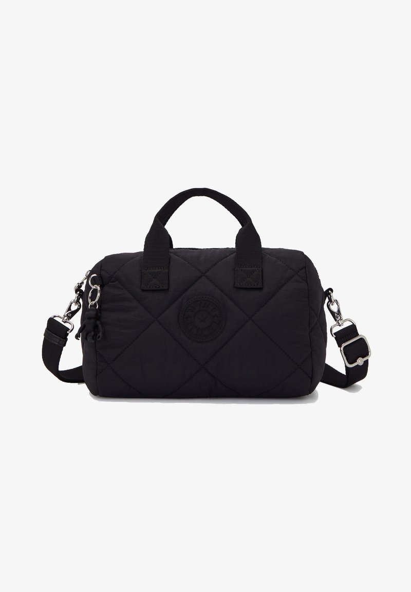 Borsa a tracolla nera trapuntata in nylon, con manici superiori doppi, una tracolla removibile e una patch circolare con logo sul davanti.