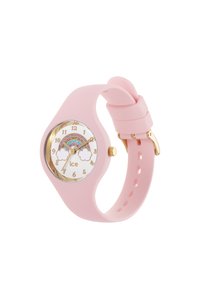 Orologio in silicone rosa con quadrante rotondo rifinito in oro. Il quadrante presenta un design arcobaleno, numeri dorati e grafiche di nuvole.