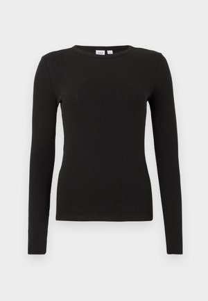 Schwarzer, gerippter Pullover mit Rundhalsausschnitt und langen Ärmeln, körpernah geschnitten, mit GAP-Markenlabel im inneren Kragen.