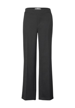 Pantalons larges noirs en tissu lisse. Dotés d'une taille extensible et sans poches visibles, ils offrent un design simple et épuré.