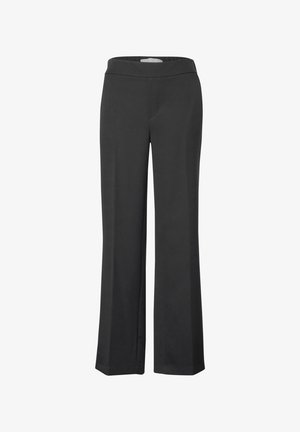 Pantalons larges noirs en tissu lisse. Dotés d'une taille extensible et sans poches visibles, ils offrent un design simple et épuré.