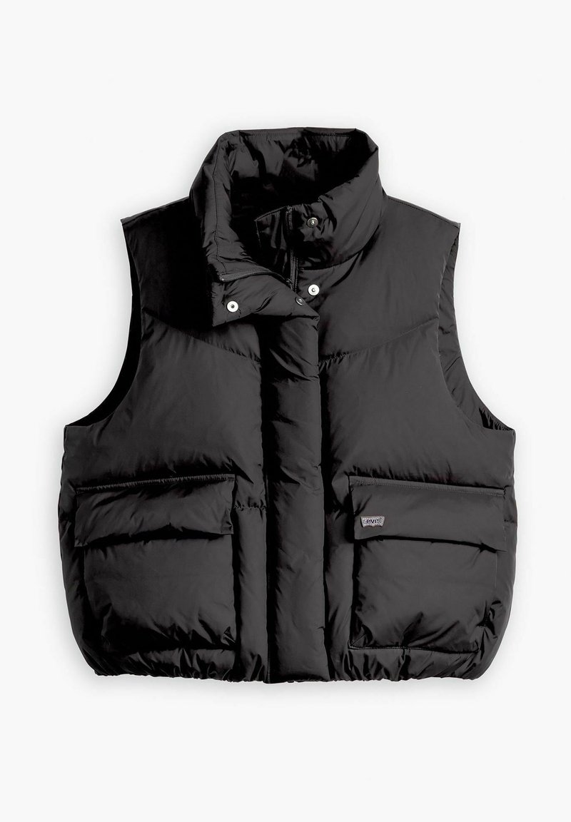 Gilet imbottito nero con colletto alto, due tasche frontali e chiusura con zip. Realizzato in tessuto trapuntato con una texture liscia.
