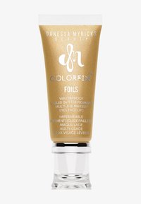Tubetto dorato di Danessa Myricks Colorfix Foils, pigmento glitter liquido waterproof per occhi, viso e labbra, con accenti argentati e cappuccio trasparente.