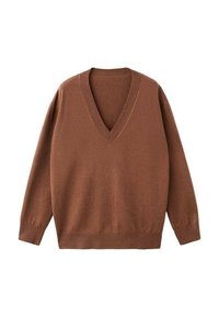 Suéter marrón con cuello en V y mangas largas, hecho de una tela suave, presenta un corte relajado y puños y dobladillo acanalados para una textura adicional.