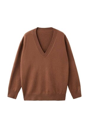 Suéter marrón con cuello en V y mangas largas, hecho de una tela suave, presenta un corte relajado y puños y dobladillo acanalados para una textura adicional.