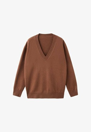 Pull en V marron à manches longues, fabriqué dans un tissu doux, avec une coupe décontractée et des poignets et un ourlet côtelés pour plus de texture.
