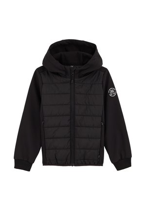 Černá bunda s kapucí, prošívaným horním dílem, hladkými rukávy, zipovým zapínáním a nášivkou s logem na levém rukávu. Měkká vnitřní podšívka.