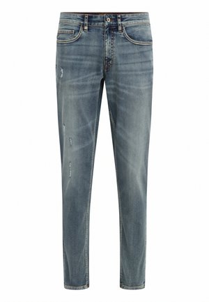 Jeans in denim blu sbiadito con vestibilità slim, caratterizzati da dettagli distressed sulla parte frontale, design classico a cinque tasche e chiusura con zip.