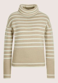 Beige gestrickter Pullover mit weißen horizontalen Streifen, ausgestattet mit einem hohen Rollkragen und einem gerippten Saum. Weiche Textur und lässige Passform.