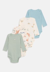 Fire lange ermers baby bodysuits: en i mintgrønn, en lyseblå, og to i kremfarge med dinosaurtrykk i pastellfarger. Myk bomullstoff.