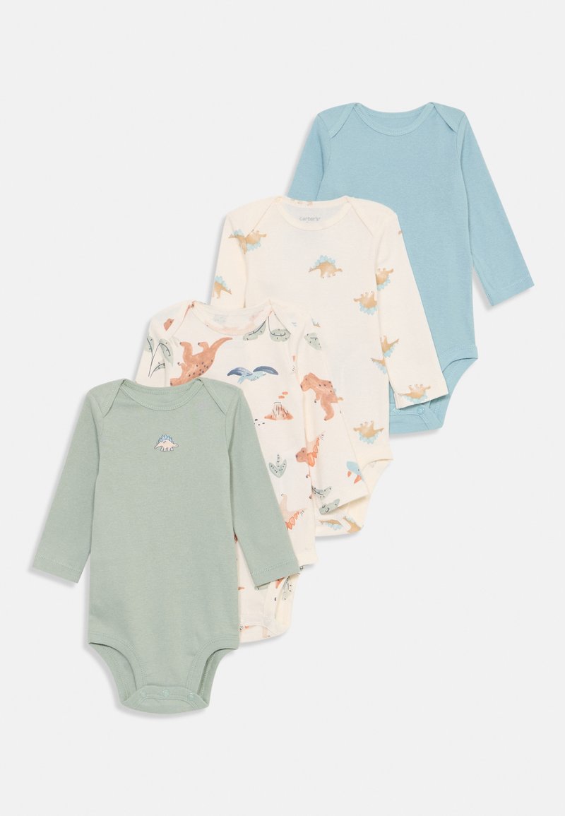 Fire lange ermers baby bodysuits: en i mintgrønn, en lyseblå, og to i kremfarge med dinosaurtrykk i pastellfarger. Myk bomullstoff.