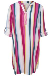 Tunique rayée multicolore en tissu léger. Dotée d'un col, d'une patte de boutonnage et de manches retroussées. Rayures en rose, bleu, jaune et blanc.