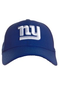 Gorra de béisbol azul con visera curva, que presenta un logotipo bordado en blanco "ny" en la parte frontal. Hecha de una tela suave y texturizada.