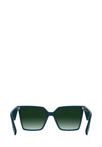 Okulary przeciwsłoneczne w kształcie prostokąta z ciemnozielonymi, gradientowymi soczewkami. Plastikowa oprawka w kolorze ciemnego teal z kanciastym designem i minimalistycznymi detalami hardware'u.