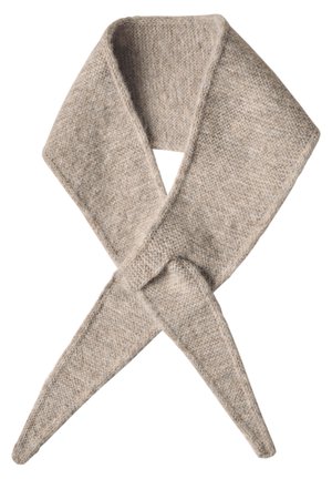 Zachte gebreide beige sjaal met puntige uiteinden, gekruist weergegeven op een witte achtergrond.