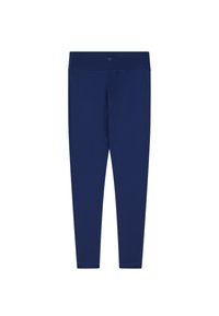 Granatowe legginsy wykonane z elastycznej tkaniny, z gładką teksturą i szerokim pasem. Krój jest dopasowany i elegancki, bez wzorów.