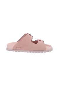 Pink slide sandal made of soft suede with two adjustable buckles and a textured rubber sole for grip and comfort.
