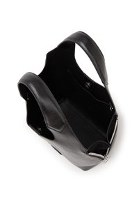 Sac fourre-tout en cuir noir avec deux poignées, un design ouvert et une poche intérieure zippée. Texture lisse et style minimaliste.