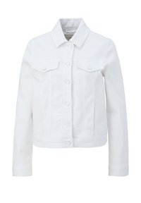 Witte denimjack met een kraag, knoopsluiting, twee borstzakken en een cropped lengte. Glad textuur met zichtbare stikseldetails.
