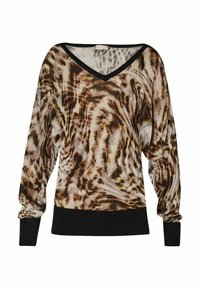 Pull à manches longues à col en V avec imprimé animal marron et beige, poignets noirs et ceinture noire sur fond blanc.
