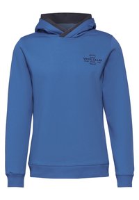 Blå tröja med huva i kraftig tyg, med en crossoverhuva, långa ärmar och en tryckt logotyp på bröstet.