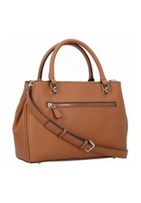 Borsa a tracolla in pelle color cuoio con doppmaniglie superiori, spallaccio regolabile, tasca con zip frontale, dettagli in metallo color argento e finitura testurizzata.