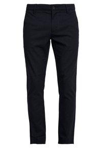 Pantalon noir en tissu extensible, présentant une coupe droite, des poches avant et une fermeture à bouton. Texture lisse avec des détails minimalistes.