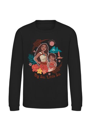 Sort sweatshirt med farverig tegneserie af to polynesiske piger, en ældre og en yngre, tropiske blomster, sol, ø og tekst "Big Sis, Little Sis."