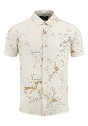Korte mouwen overhemd in lichtbeige stof, met een bloemenpatroon in bruine en gouden stiksels, met een button-down kraag en een standaard pasvorm.