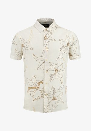 Camisa de manga corta en tejido beige claro, con un patrón floral en bordado marrón y dorado, con cuello abotonado y corte estándar.