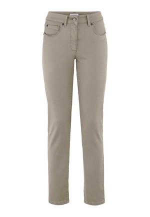 Beige Hosen mit schmaler Passform, aus weichem Baumwollstoff hergestellt. Mit Knopfverschluss, Reißverschluss und Five-Pocket-Design.