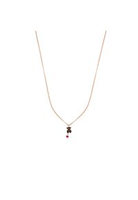 Collar de cadena de oro rosa con un charm de trébol de gema negra y un pequeño colgante de cuentas rosas debajo.