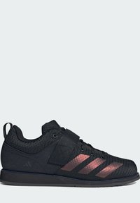 Czarne buty sportowe z siateczkową cholewką o teksturowanej powierzchni, trzema metalicznymi paskami w kolorze różowego złota oraz paskiem na środku stopy dla dodatkowego wsparcia.