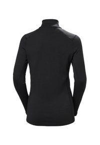 Černý přiléhavý top s dlouhým rukávem a vysokým límcem, s viditelnými švy, zobrazený zezadu na bílém pozadí.