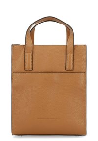 Tan leather tote bag with two short handles and a textured surface. Features a rear pocket and subtle embossed text on the bottom.