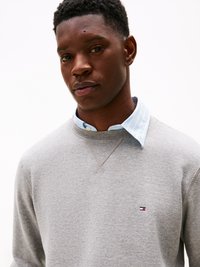 Gray sweatshirt with a crew neckline and stitching details, layered over a light blue and white striped collared shirt featuring a small logo.