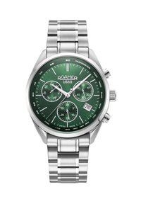 Orologio in acciaio inossidabile con quadrante a gradiente verde, indici delle ore argentati, tre sotto-quadranti, finestra per la data e scala tachimetrica.