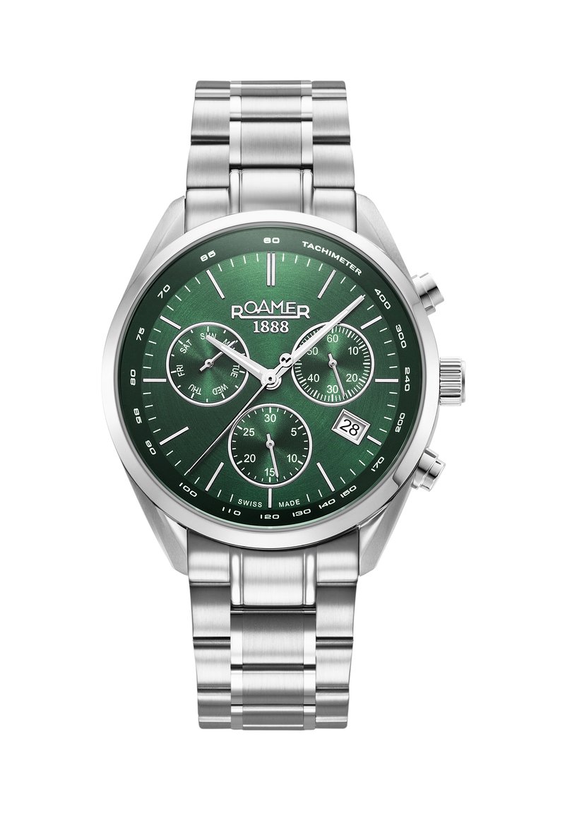 Orologio in acciaio inossidabile con quadrante a gradiente verde, indici delle ore argentati, tre sotto-quadranti, finestra per la data e scala tachimetrica.