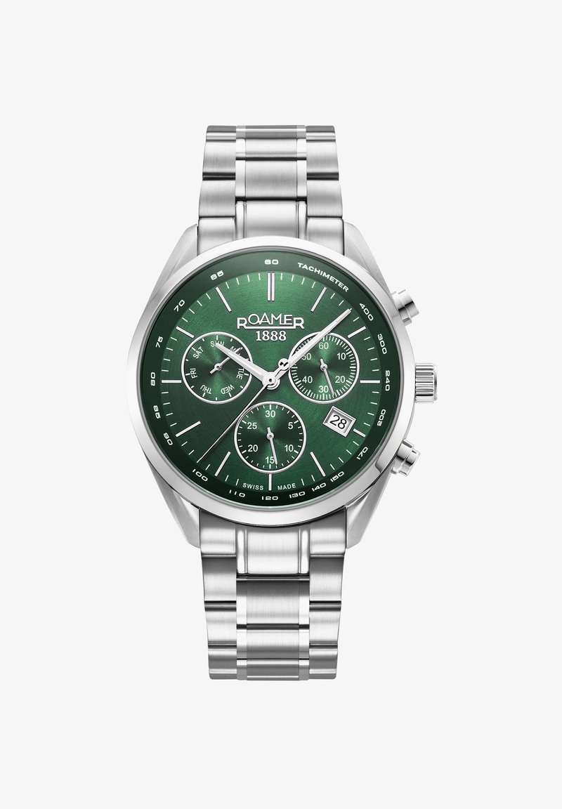 Orologio in acciaio inossidabile con quadrante a gradiente verde, indici delle ore argentati, tre sotto-quadranti, finestra per la data e scala tachimetrica.