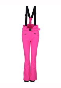 Roze skibroek met verstelbare zwarte bretels, een ceintuur, ritsen aan de voorkant en uitlopende pijpen. Gladde textuur met een elegante uitstraling.