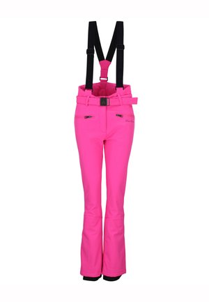 Roze skibroek met verstelbare zwarte bretels, een ceintuur, ritsen aan de voorkant en uitlopende pijpen. Gladde textuur met een elegante uitstraling.
