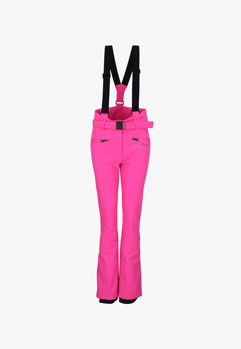 Roze skibroek met verstelbare zwarte bretels, een ceintuur, ritsen aan de voorkant en uitlopende pijpen. Gladde textuur met een elegante uitstraling.