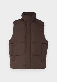 Brun puffer vest med høj krave, ærmeløs design, to frontlommer og quiltet tekstur. Glat overflade, varm isolering.