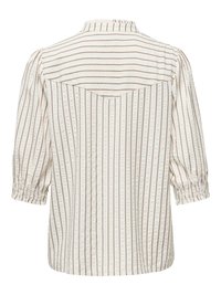 Blouse écrue à rayures verticales marron, tissu texturé, manches trois-quarts froncées et détail d'empiècement dans le dos.