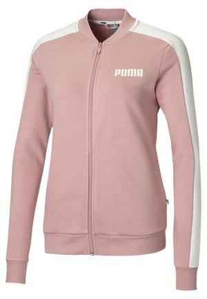 Lyserød jakke med fuld lynlås, hvide striber på ærmer, ribbet krave og manchetter samt hvidt Puma-logo på venstre bryst.