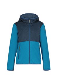 Veste à capuche zippée bleue et marine avec deux poches à l'avant, en tissu texturé, et un design de panneaux contrastants. Caractéristiques des accents jaunes sur la fermeture éclair.